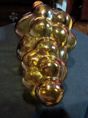 Vtg Amber Chianti Bottle w/ Cork MCM 1970s Hand Blown Glass Grape Bunch Shape