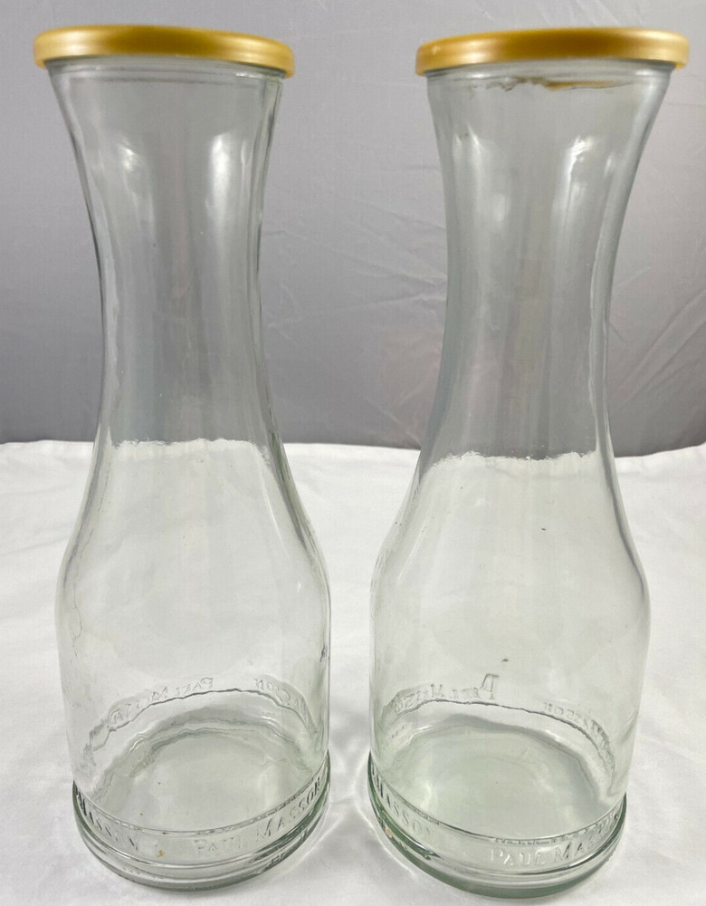 Paul Masson Wine Carafe Bottle w/ Lid Set of 2 Clear Glass 11&Prime; Empty