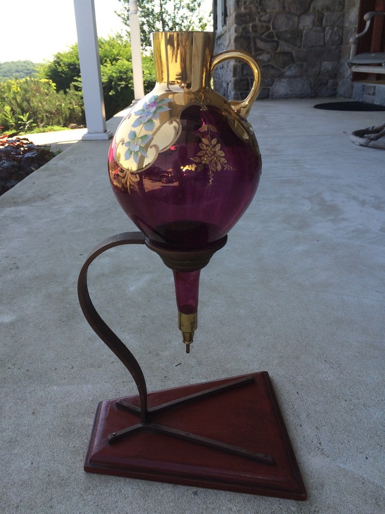 Vintage Hand Blown Purple Wine Dispenser W Stand Very Unusual Hand Painted Glass