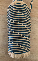 Vintage 1970s FRENCH WICKER-WRAP WINE BOTTLE Parisian Blue/Cream Plastic Vintner