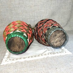 Vintage Viresa Spain Wine Bottles Plastic Woven Wicker Metal Handle Empty- Pair