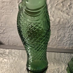 2 Vintage Decanter Fish Shaped Glass 13&Prime; & 10” Green Italian Wine Bottle 70s