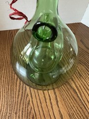 Vintage Hand Blown Green Glass Wine Decanter W/ Ice Chamber & Raffia Stoppers