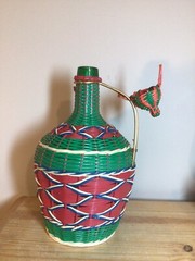 Vintage Viresa Spain Wine Bottle Plastic Woven Wicker Metal Handle Empty Boho