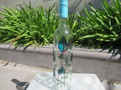 Hand Painted Empty Clear Wine Bottle, Leaves Shades of Blue, Green and Purple