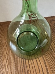 Vintage Hand Blown Green Glass Wine Decanter W/ Ice Chamber & Raffia Stoppers