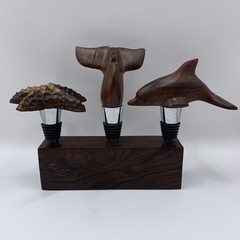 Hand Carved Wine Bottle Stopper SET Of 4 Dolphin Starfish Whale Tail Handcrafted