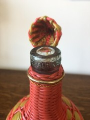 Vintage Plastic Wicker Wrapped Decanter Jug W/ Lid Neon Gimp Retro