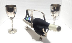 Vtg GodInger Silver Wine bottle Holder/Extender Two Matching Goblets