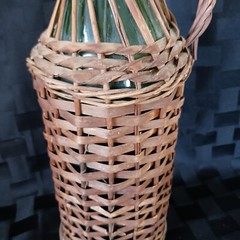 Vtg 2L European 16&Prime; Wicker Covered Demijohn Bottle w/Baled Porcelain Stopper