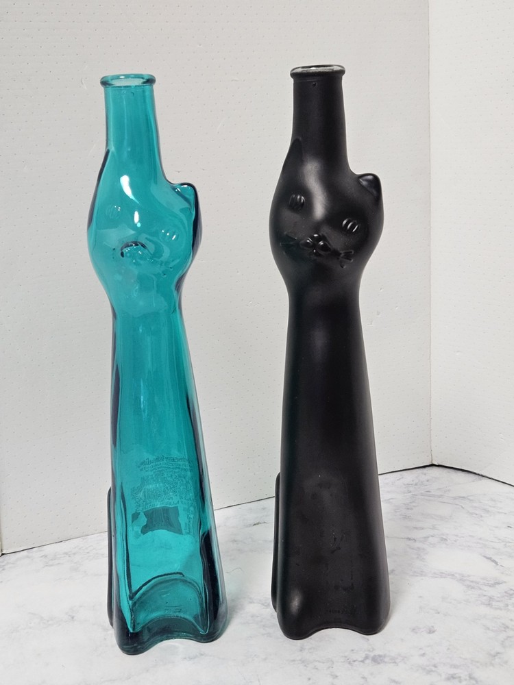 Rheinhessen Riesling Cats Bottles 1 Black & 1 Teal Blue 13&Prime; H