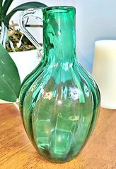 Vintage MCM Mid Century Blown Glass Wine Bottle Decanter Jug Green W/Handle