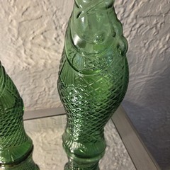2 Vintage Decanter Fish Shaped Glass 13&Prime; & 10” Green Italian Wine Bottle 70s