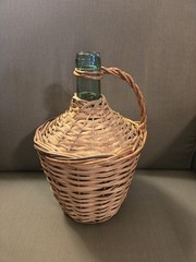 Antique Wicker Wrapped Half Gal. Green Wine Demijohn Glass Jug
