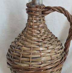 Vintage French Glass Demijohn Wine Bottle Wicker Rattan, 13” Tall