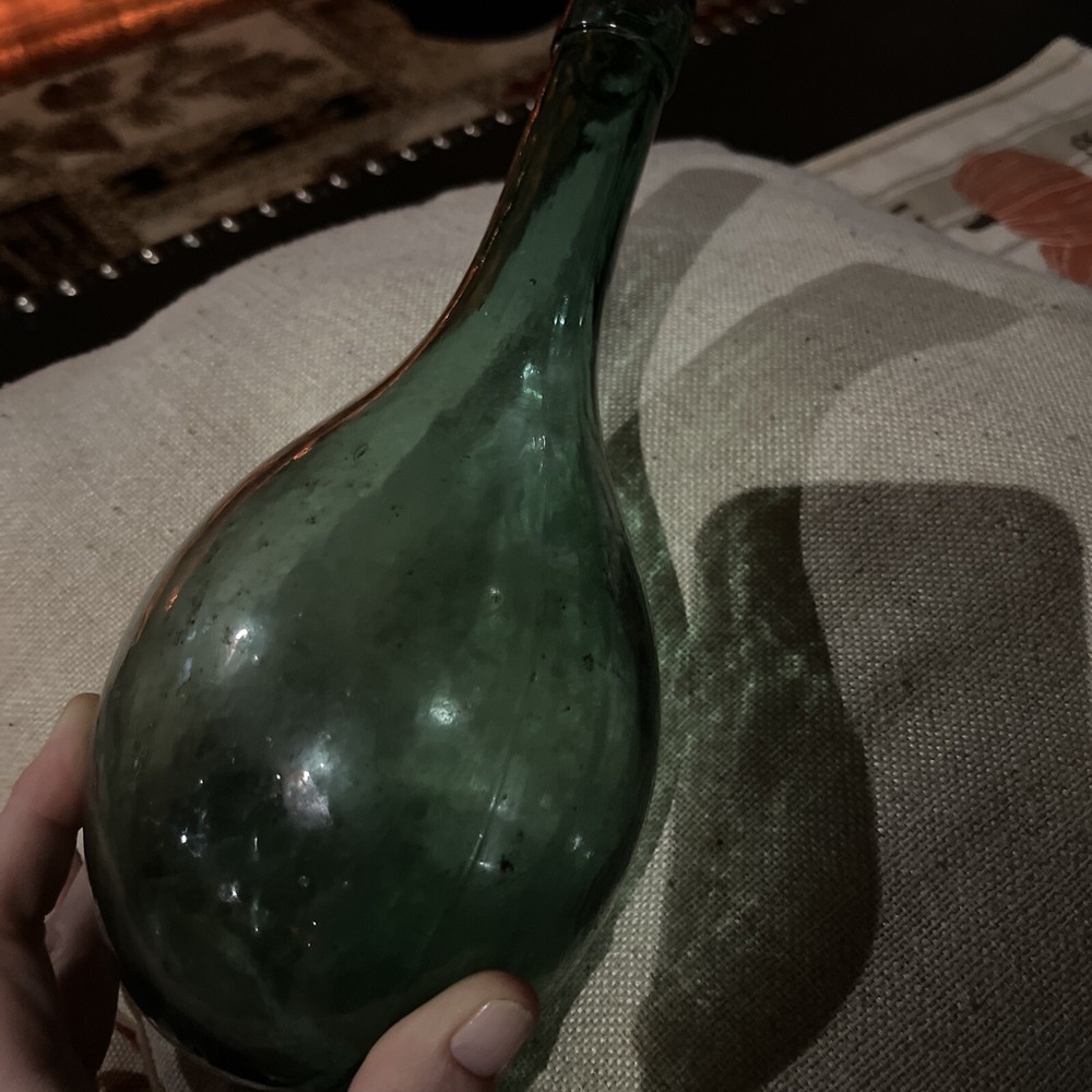 Antique Teal Hand Blown Torpedo Style Wine Bottle Round Bottom