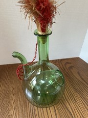 Vintage Hand Blown Green Glass Wine Decanter W/ Ice Chamber & Raffia Stoppers