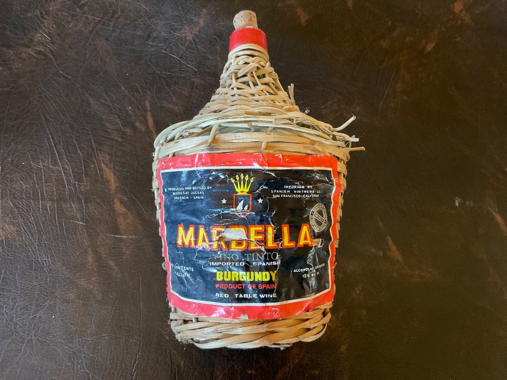 Vtg Wine Bottle Wrapped In Wicker 1/2 Gallon Green Glass Marbella Collectible