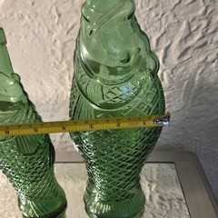2 Vintage Decanter Fish Shaped Glass 13&Prime; & 10” Green Italian Wine Bottle 70s
