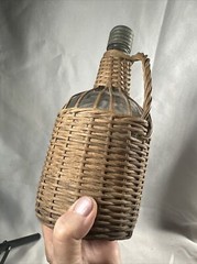 Old Glass Bubble Wicker Wrapped Bottle With Metal Screw Cork 10” Denver Antique