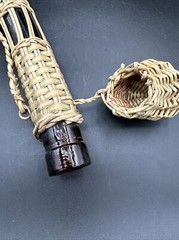 Vintage Brown Glass Wine Bottle Curved Long Neck Wood Base Vinyl Wicker 17.5”H