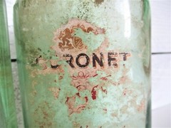 2 Vintage Coronet Schenley Brandy Half Pint Bottles Liquor Green Aqua Glass