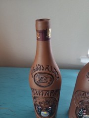 2 Kindzmarauli Georgian Ceramic Clay Pottery Red Wine Bottle Empty 3-D Design