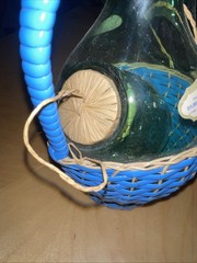 1963 Chianti Italian Wine Green Glass Decanter & Blue Wicker Basket Labels Rare