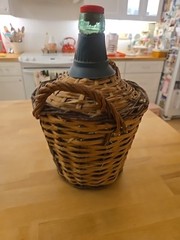 VINTAGE MARQUES De OLIVAR 1964 GREEN GLASS DEMIJOHN WINE BOTTLE w/HANDLES