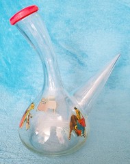Spanish Porrón Wine Bottle Decanter Carafe Hand-blown Glass Bull-Fighter Decals