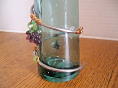 VINTAGE GREEN WINE BOTTLE / VASE Decorated w/Metal, Copper & Plastic Grapes