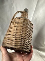 Old Glass Bubble Wicker Wrapped Bottle With Metal Screw Cork 10” Denver Antique