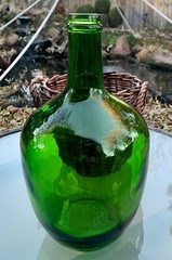 Vintage Emerald Green Glass Demijohn Wine Bottle in Wicker Basket Glass Carboy