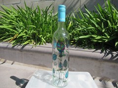 Hand Painted Empty Clear Wine Bottle, Leaves Shades of Blue, Green and Purple