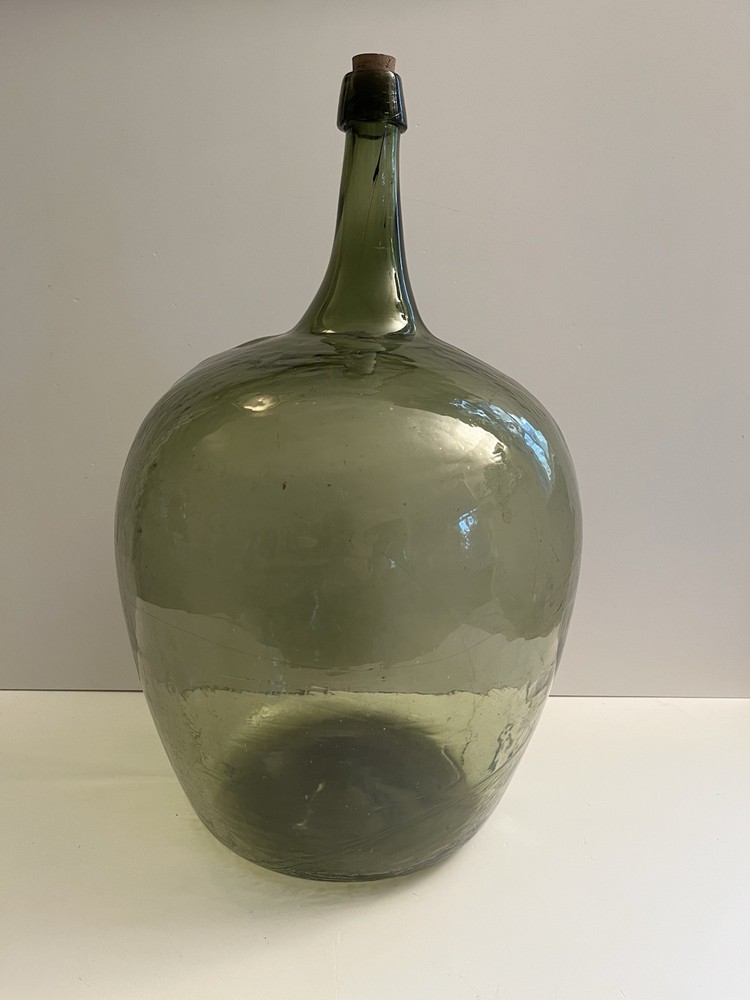 Vintage 20&Prime; Hand Blown Wine Bottle DemiJohn Antique Green Glass Rare