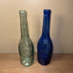 Lot Of 2 AM Cobalt Blue Clear Glass Wine Bottle 12&Prime; Tall Embossed Grapes Leaves