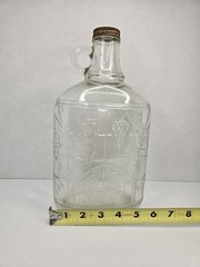 Vtg 1/2 Gal. Glass Wine Decanter Embossed Grape/Vine Design Bottle w/Lid Handle