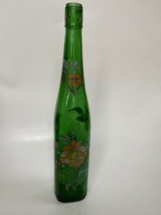 Vintage Christmas Gift! Yago Bottle Square Base Emerald Green Glass Flower Print