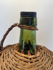 Vtg Wicker Wrapped Demijohn De Muller Spain Green Glass Wine Bottle 13” h x 9”w*