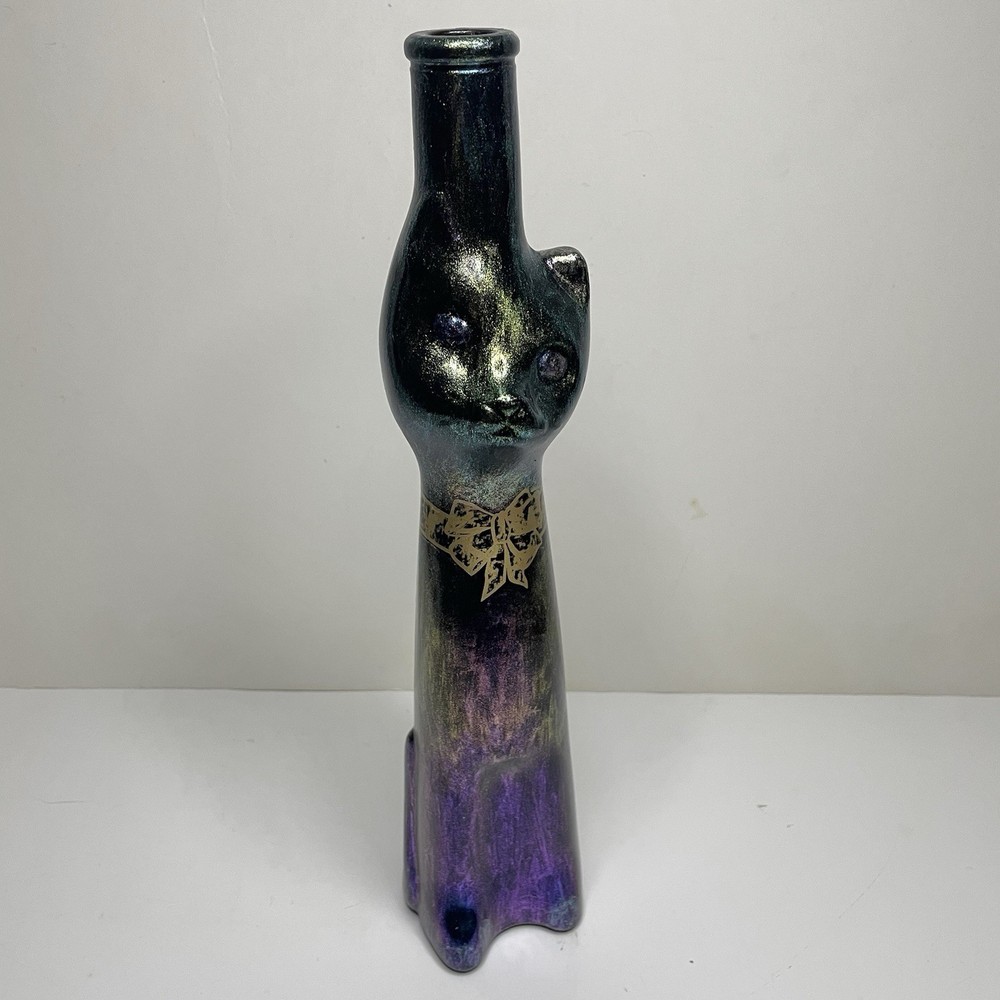Happy Cat Wine Bottle Black With Gold Bow Riesling 13&Prime; Empty