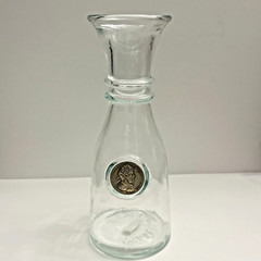 Vtg Wine Clear Glass Carafe Decanter Raised Faux Antique Gold Finish Medall Rare