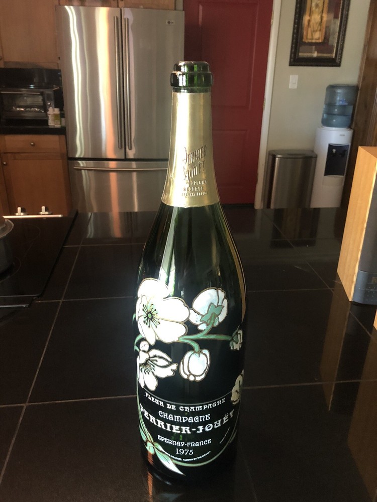 Vintage Perrier-Jouet France Fleur de Champagne Empty Hand Painted Green Bottle
