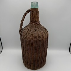 Antique Wicker Wrapped Aqua Glass Demijohn Demi John Bottle Jug Wine Basket