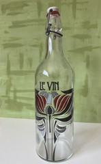 LE VIN Vintage French Wine Glass Bottle, Porcelain Stopper; Art Nouveau Style