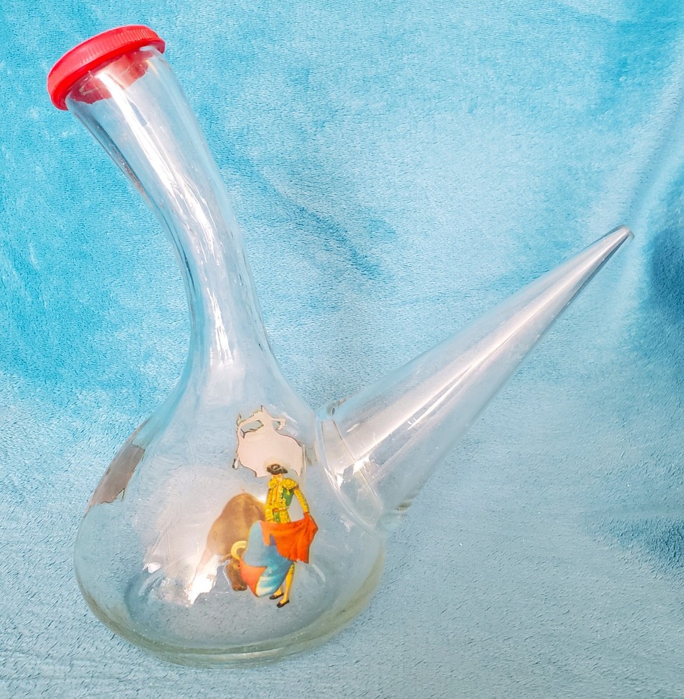 Spanish Porrón Wine Bottle Decanter Carafe Hand-blown Glass Bull-Fighter Decals