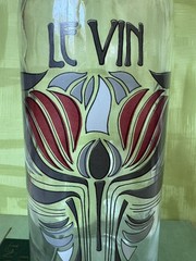 LE VIN Vintage French Wine Glass Bottle, Porcelain Stopper; Art Nouveau Style