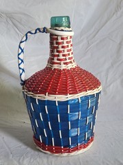 Vintage Viresa Demijohn Wine Bottle Scoubidou Woven Plastic Wicker Jug 1L 1960s