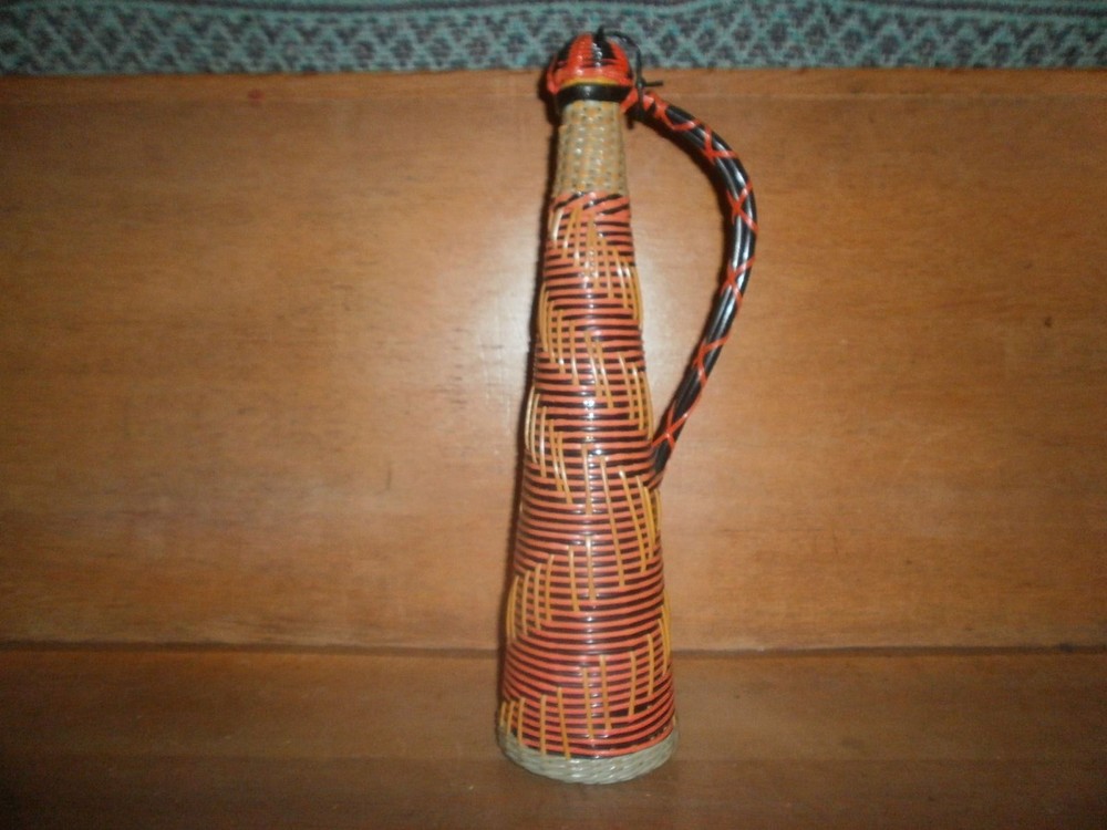 16  » Vintage Wine Bottle, Glass Wrapped -w- Woven Plastic Cord -w- Handle Red 1