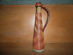 16  » Vintage Wine Bottle, Glass Wrapped -w- Woven Plastic Cord -w- Handle Red 1