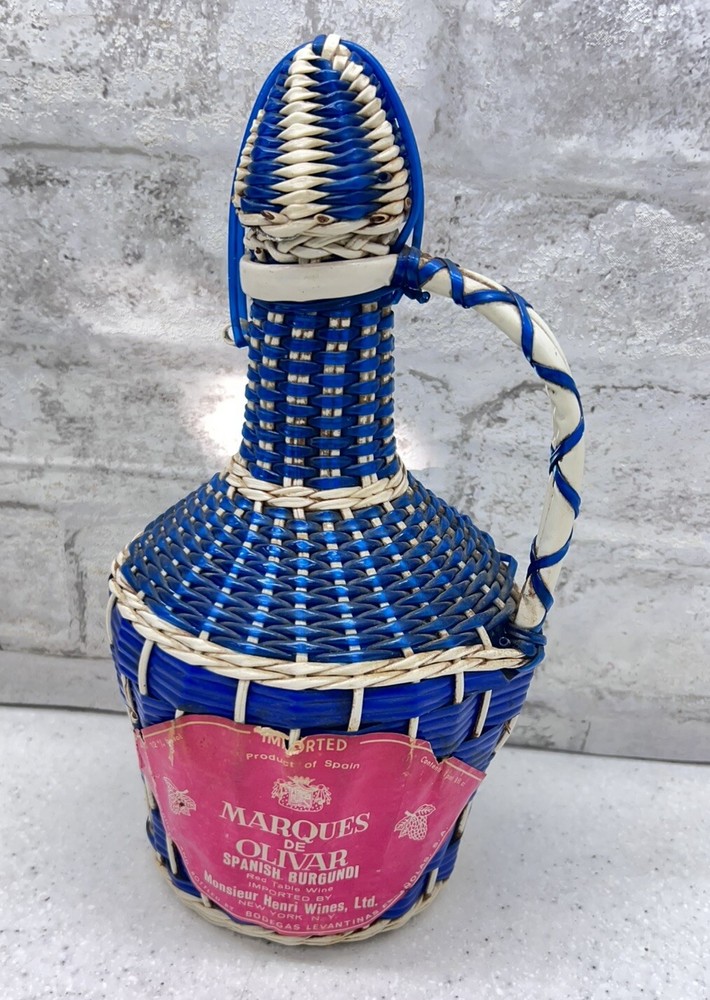 MCM Viresa Scoubidou Woven Blue Wicker Demijohn Wine Bottle Jug with Handle